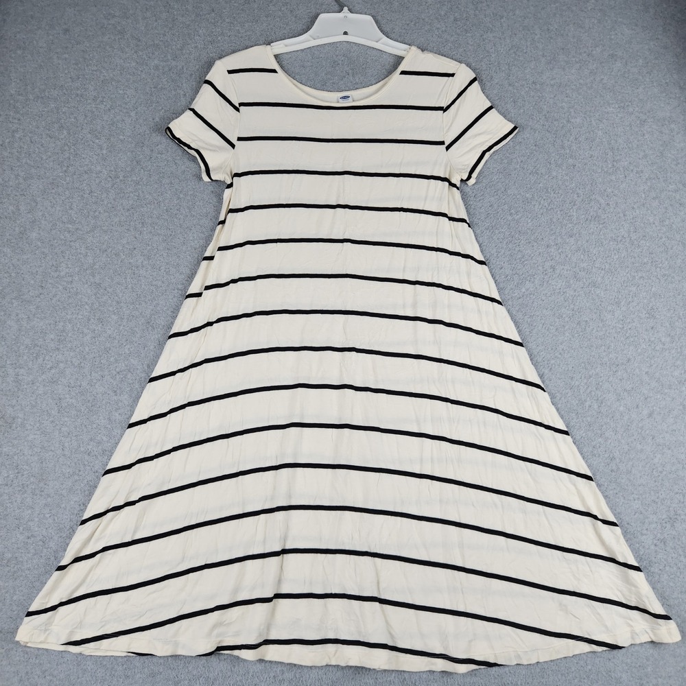 Old Navy Midi A Line Dress Women Medium White Black Striped Stretch Cap Sleeve